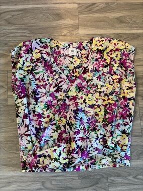 CAbi Sleeveless V-Neck Floral Top in Purple & Yellow